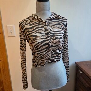 Rabbit Rose 90s Y2K Tiger Print Sheer Mesh Button Down Crop Top Brown Black XS